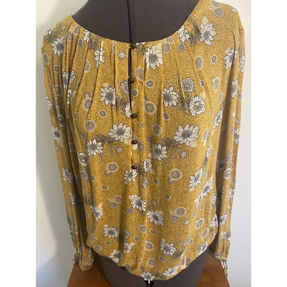 Lucky Brand Tops - Lucky Brand Mustard Yellow Floral Top Tunic Large Gathered Bottom And Sleeves